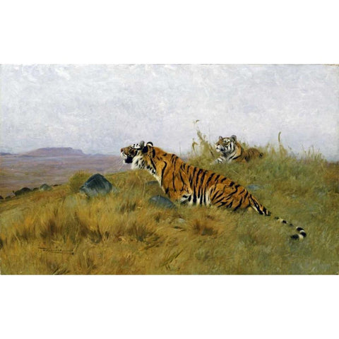 Tigers Stalking Their Prey Gold Ornate Wood Framed Art Print with Double Matting by Kuhnert, Wilhelm