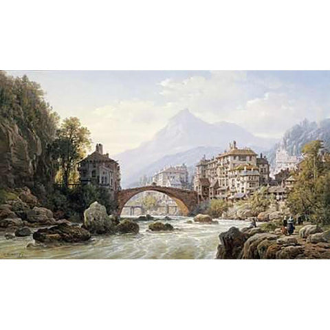 Le Vieux Pont Romain De St. Martin, Italy White Modern Wood Framed Art Print by Kuwasseg, Charles Euphrasie