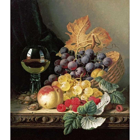 A Basket of Grapes, Raspberries Black Modern Wood Framed Art Print with Double Matting by Ladell, Edward