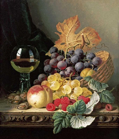 A Basket of Grapes, Raspberries Black Ornate Wood Framed Art Print with Double Matting by Ladell, Edward