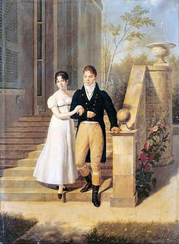 Portrait of a Lady and a Gentleman On The Steps of a Chateau White Modern Wood Framed Art Print with Double Matting by Lagrenee, Anthelme Francois