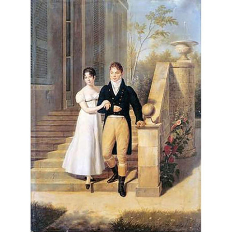 Portrait of a Lady and a Gentleman On The Steps of a Chateau Gold Ornate Wood Framed Art Print with Double Matting by Lagrenee, Anthelme Francois