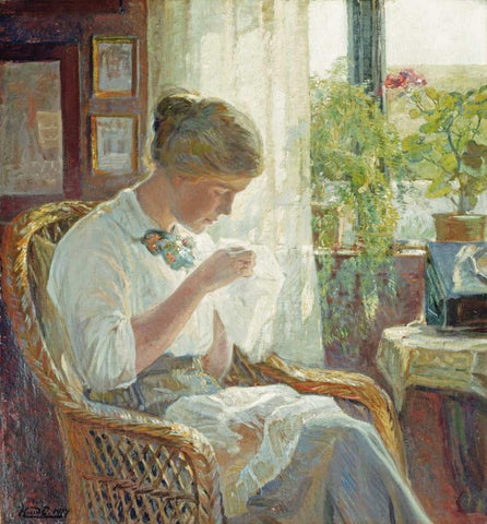 The Seamstress White Modern Wood Framed Art Print with Double Matting by Larsen, Knud Erik
