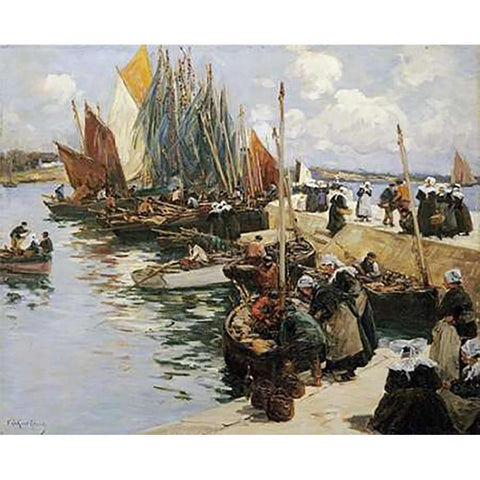 Unloading The Catch Black Modern Wood Framed Art Print by Legout-Gerard, Fernand