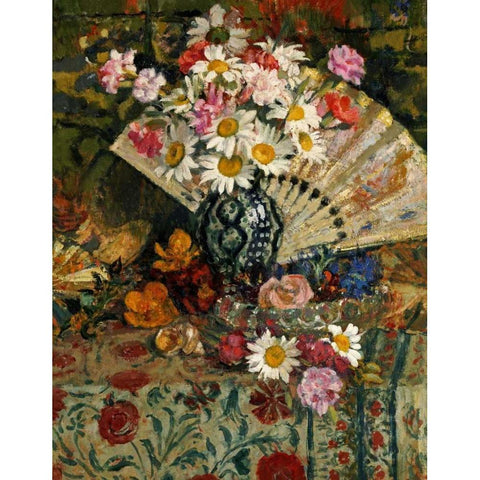Still Life With a Fan Gold Ornate Wood Framed Art Print with Double Matting by Lemmen, Georges