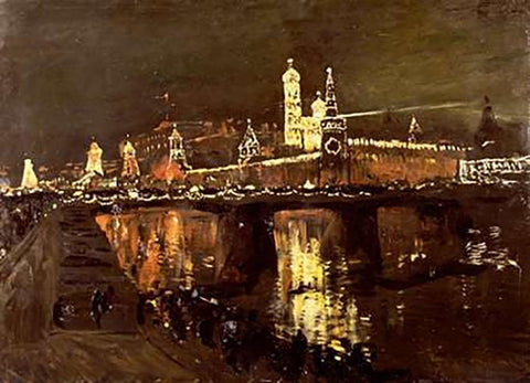 The Illumination of The Kremlin White Modern Wood Framed Art Print with Double Matting by Levitan, Isaac Ilich