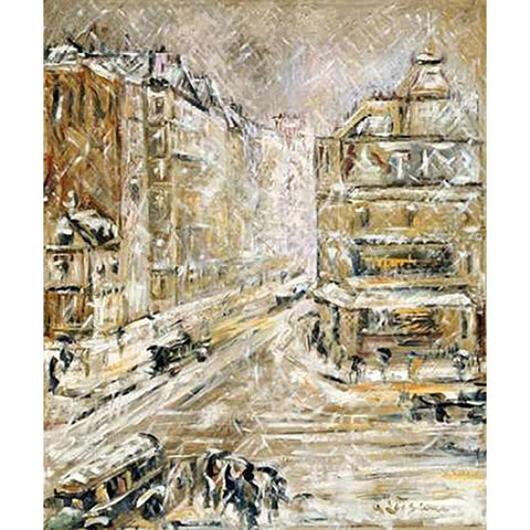 Rue De Clignacourt In The Snow White Modern Wood Framed Art Print by Loiseau, Gustave