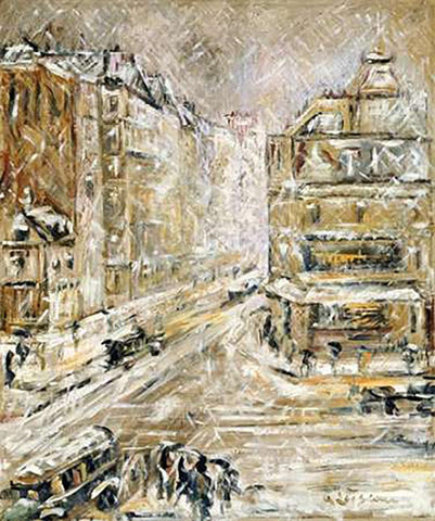 Rue De Clignacourt In The Snow Black Ornate Wood Framed Art Print with Double Matting by Loiseau, Gustave