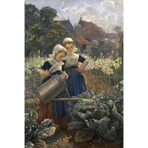 The Little Gardeners Black Modern Wood Framed Art Print with Double Matting by Louyot, Edmund