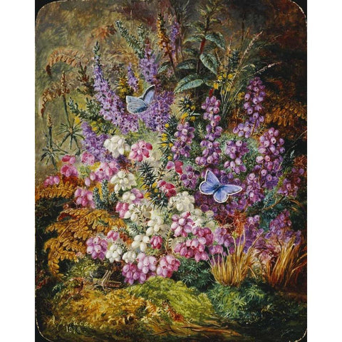 Blue Butterflies and Wildflowers Black Modern Wood Framed Art Print by Lucas, Albert Durer