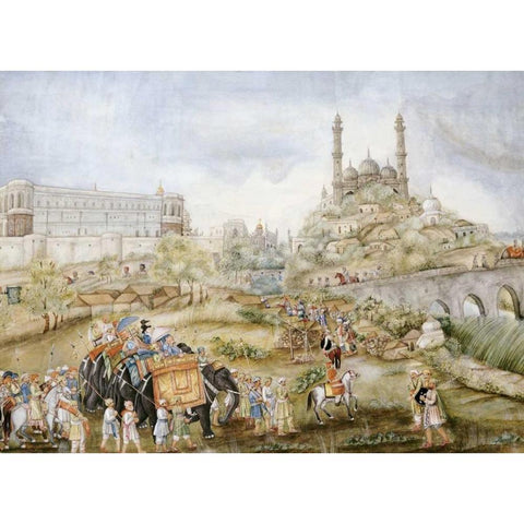 A Hunting Procession White Modern Wood Framed Art Print by Lucknow School