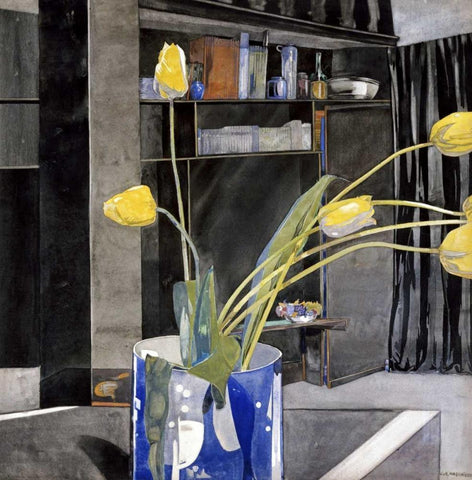 Yellow Tulips White Modern Wood Framed Art Print with Double Matting by Mackintosh, Charles Rennie