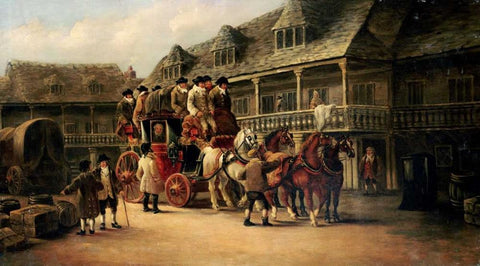 Boarding The Coach To London White Modern Wood Framed Art Print with Double Matting by Maggs, John Charles