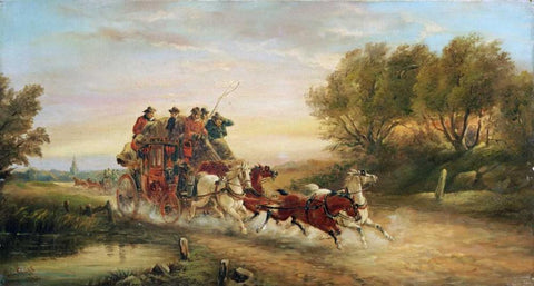 The Oxford To London Mail Coach Black Ornate Wood Framed Art Print with Double Matting by Maggs, John Charles