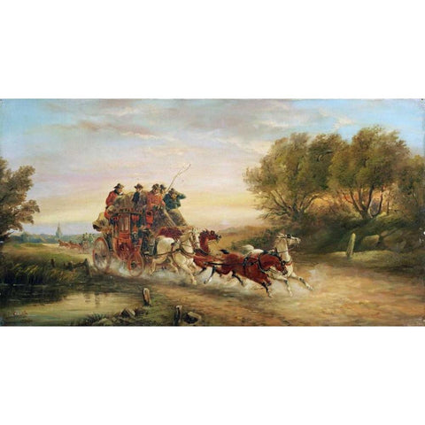 The Oxford To London Mail Coach Black Modern Wood Framed Art Print with Double Matting by Maggs, John Charles
