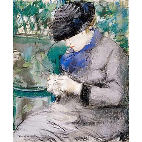 Girl Sitting in the Garden Knitting, 1879 Gold Ornate Wood Framed Art Print with Double Matting by Manet, Edouard