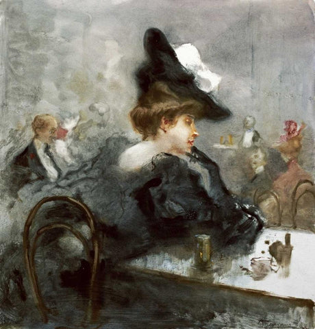 Elegant Lady In Black In a Caf?? White Modern Wood Framed Art Print with Double Matting by Mariani, Pompeo