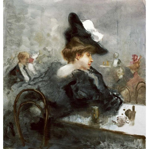 Elegant Lady In Black In a Caf?? Black Modern Wood Framed Art Print by Mariani, Pompeo