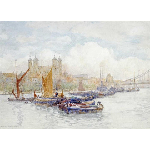 The Tower of London From The Thames Gold Ornate Wood Framed Art Print with Double Matting by Marshall, Herbert Menzies