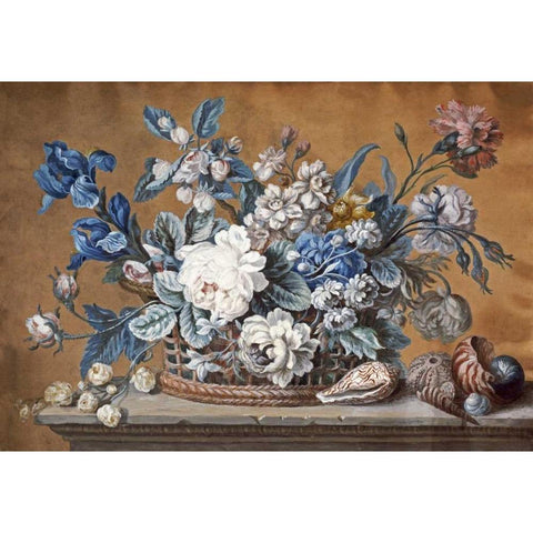 A Basket of Dahlias, Delphiniums Gold Ornate Wood Framed Art Print with Double Matting by Mazell, Peter