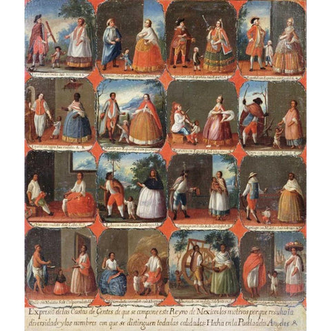 Castas. a View of The Various Peoples of Mexico Gold Ornate Wood Framed Art Print with Double Matting by Mexican School