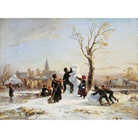 The Village Snowman White Modern Wood Framed Art Print by Meyerheim, Wilhelm Alexander