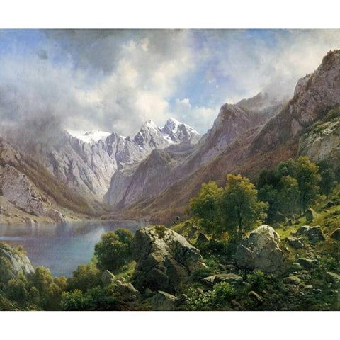 An Alpine Lake Gold Ornate Wood Framed Art Print with Double Matting by Millner, Karl