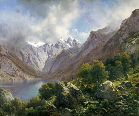 An Alpine Lake Black Ornate Wood Framed Art Print with Double Matting by Millner, Karl