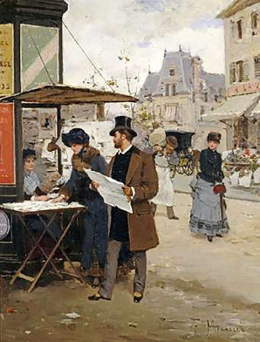 Parisian Street Scene White Modern Wood Framed Art Print with Double Matting by Miralles y Galup, Francisco