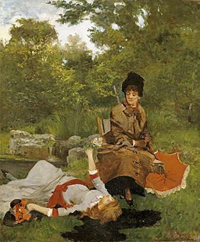 On The River Bank Black Ornate Wood Framed Art Print with Double Matting by Miralles y Galup, Francisco