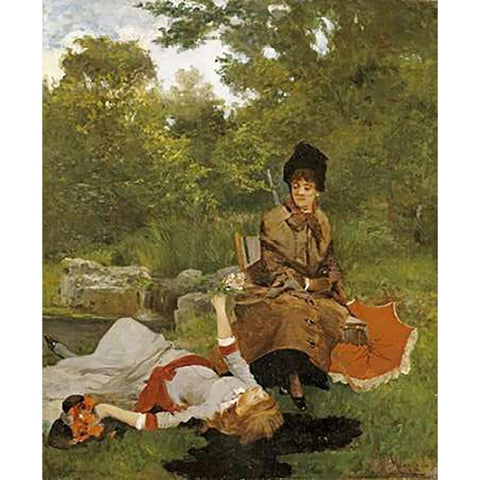 On The River Bank Black Modern Wood Framed Art Print by Miralles y Galup, Francisco