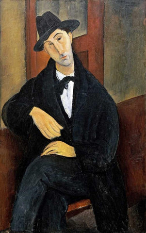 Portrait of Mario.- Marios Varvoglios Black Ornate Wood Framed Art Print with Double Matting by Modigliani, Amedeo