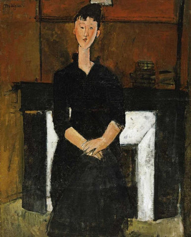 Woman Sat By a Fireplace White Modern Wood Framed Art Print with Double Matting by Modigliani, Amedeo