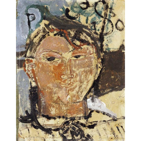 Portrait De Picasso Black Modern Wood Framed Art Print with Double Matting by Modigliani, Amedeo