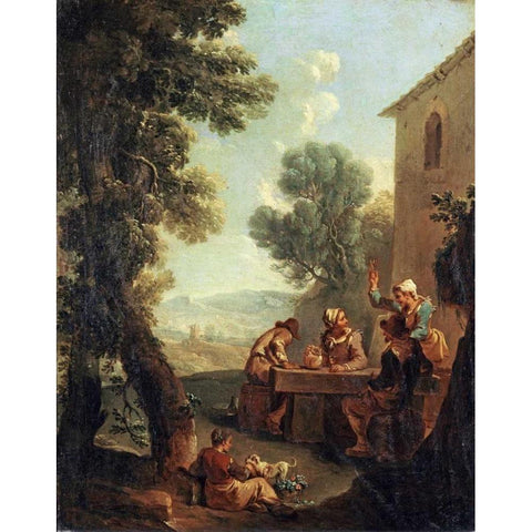 Peasants Drinking By a Farmhouse White Modern Wood Framed Art Print by Monaldi, Paolo