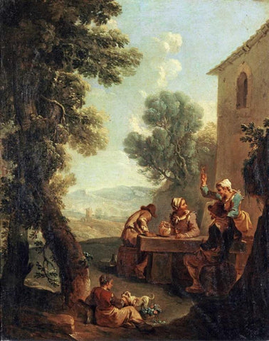 Peasants Drinking By a Farmhouse White Modern Wood Framed Art Print with Double Matting by Monaldi, Paolo