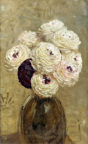 A Vase of Dahlias Black Ornate Wood Framed Art Print with Double Matting by Moore, Albert Joseph