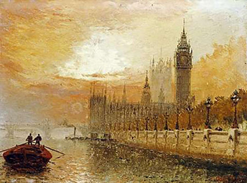 View of Westminster From The Thames Black Ornate Wood Framed Art Print with Double Matting by Stanfield Moore, Claude T