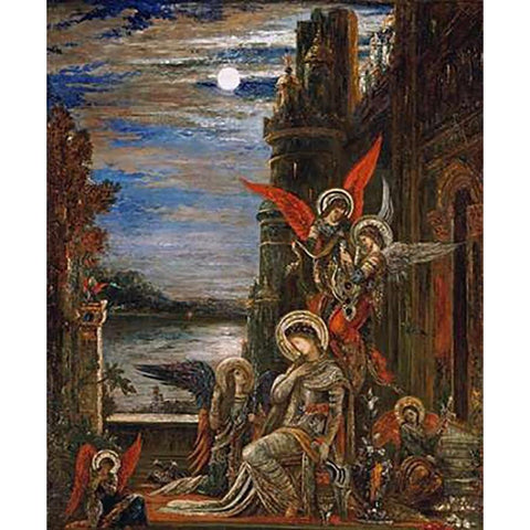 Saint Cecilia. (The Angels Announcing Her Coming Martyrdom) White Modern Wood Framed Art Print by Moreau, Gustave