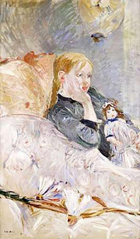 Young Girl With a Puppet White Modern Wood Framed Art Print with Double Matting by Morisot, Berthe