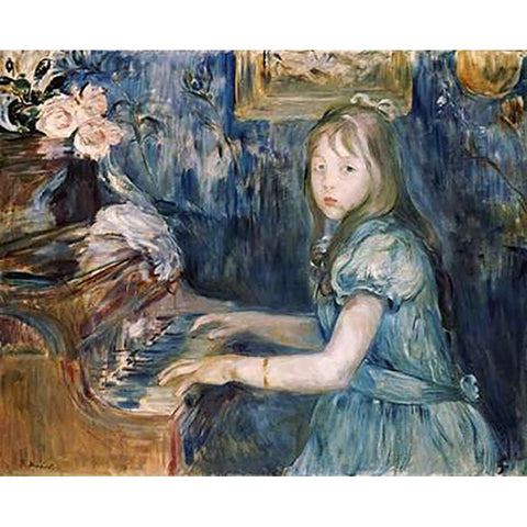 Lucie Leon at The Piano White Modern Wood Framed Art Print by Morisot, Berthe