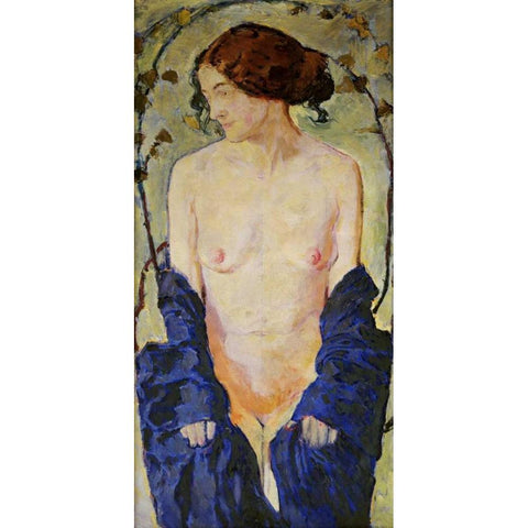 Standing Nude with Blue Robe Gold Ornate Wood Framed Art Print with Double Matting by Moser, Koloman