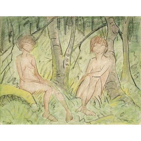 Two Women In The Forest Black Modern Wood Framed Art Print with Double Matting by Mueller, Otto