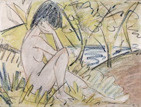 Sitting By The Lake White Modern Wood Framed Art Print with Double Matting by Mueller, Otto