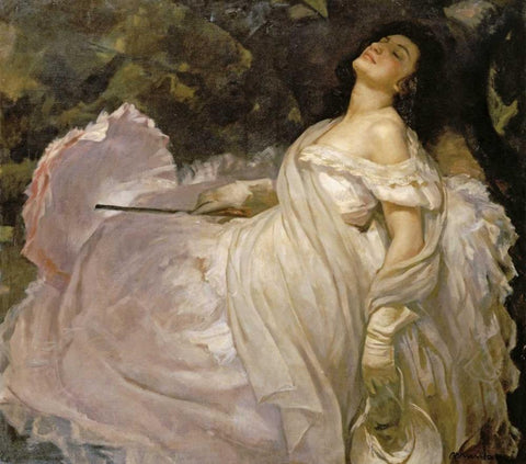 A Lady Reclining In The Shade White Modern Wood Framed Art Print with Double Matting by Muntanet, Miguel