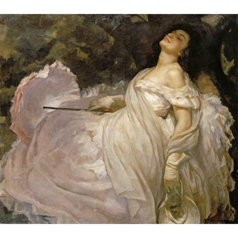 A Lady Reclining In The Shade Black Modern Wood Framed Art Print with Double Matting by Muntanet, Miguel