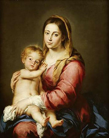 The Virgin and Child White Modern Wood Framed Art Print with Double Matting by Murillo, Bartolome Esteban