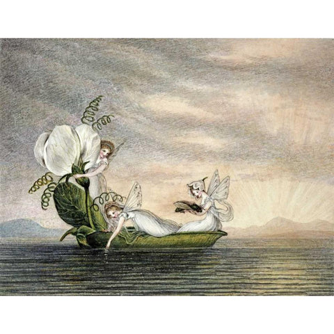 Fairies Floating Downstream In a Peapod Black Modern Wood Framed Art Print by Murray, Amelia Jane