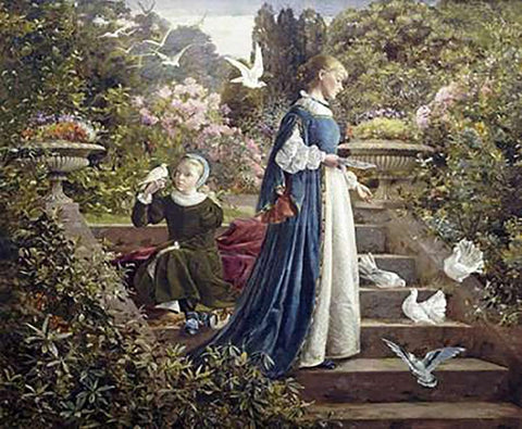 Feeding The Doves White Modern Wood Framed Art Print with Double Matting by Muschamp, F. Sydney