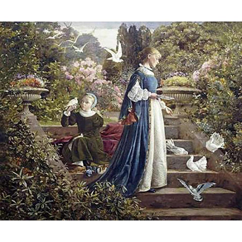 Feeding The Doves Gold Ornate Wood Framed Art Print with Double Matting by Muschamp, F. Sydney